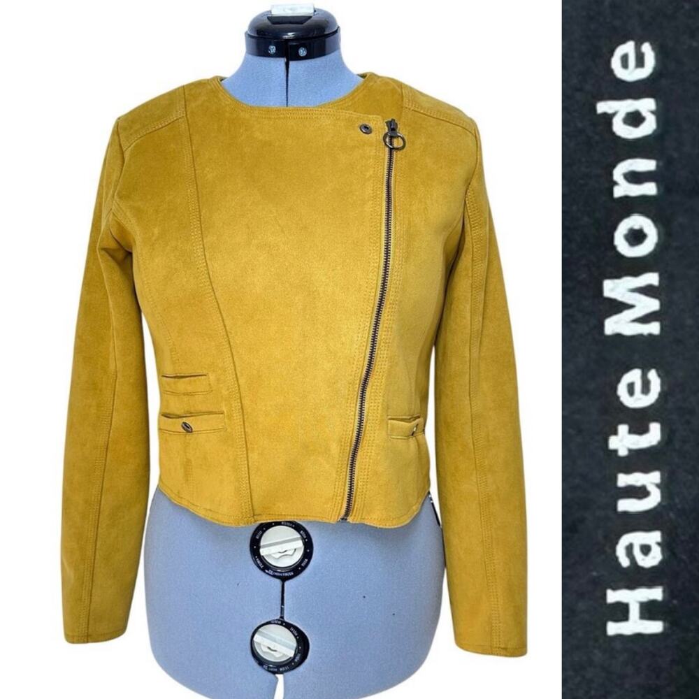Haute Monde Yellow Faux Suede Asymmetrical Full Zip Short Length Jacket Sz: M